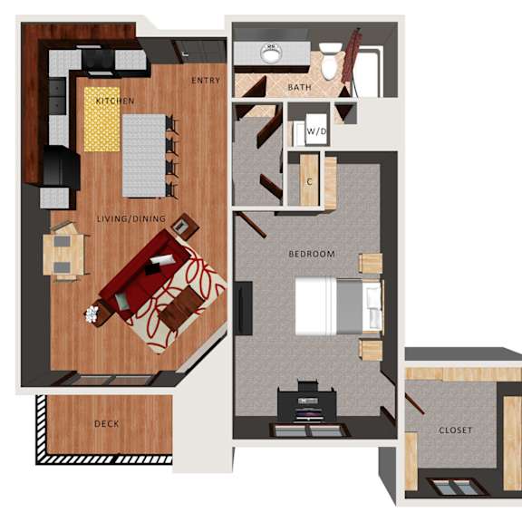 Thumbnail 1 of 2 A floor plan of an apartment with a kitchen, living room, bedroom, bathroom, and closet.