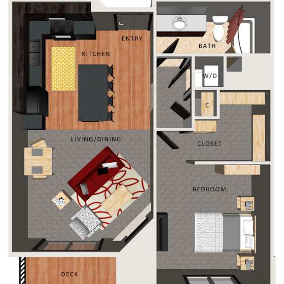 Thumbnail 1 of 19 A floor plan of an apartment showing a kitchen, living room, bedroom, bathroom, and deck.
