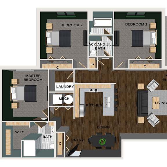 Thumbnail 1 of 20 A floor plan of a villa with three bedrooms, a laundry room, a kitchen, a living room, a dining room, and two bathrooms