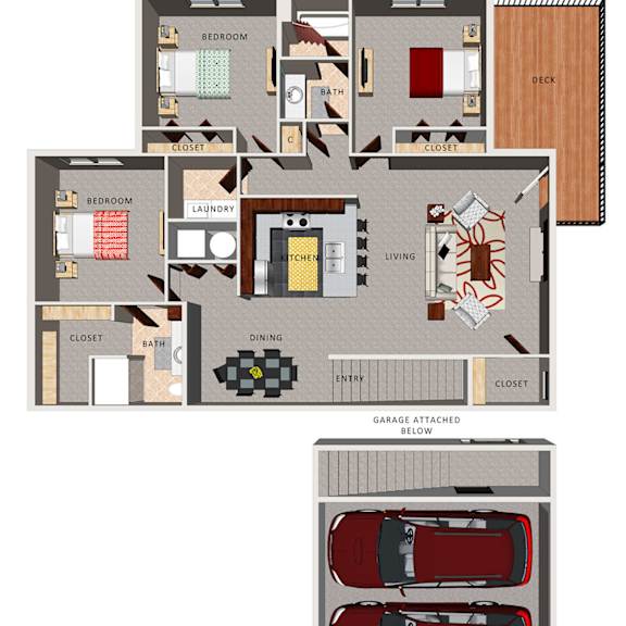 Thumbnail 1 of 2 A floor plan of a villa with three bedrooms, a living room, a dining room, a kitchen, a bathroom, a laundry room, and a garage.