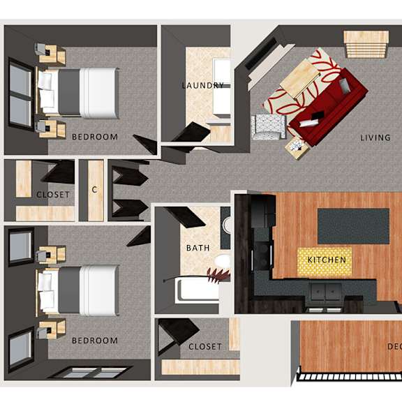Thumbnail 1 of 2 A floor plan of an apartment with a living room, kitchen, and three bedrooms.