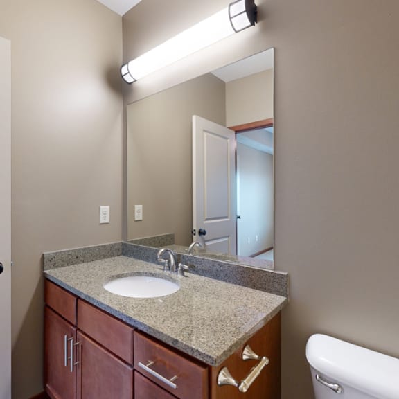 Thumbnail 15 of 20 the primary bathroom with a light granite vanity and overhead lighting