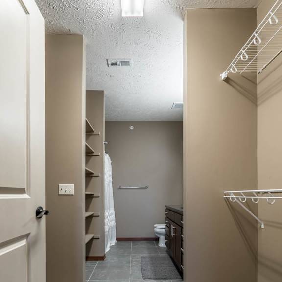 Thumbnail 10 of 15 A walk-in closet with a carpeted floor and that leads into bathroom