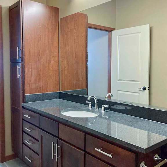 Thumbnail 13 of 19 A long bathroom with a wide granite vanity sink, oversized mirror, and tall storage cabinet.