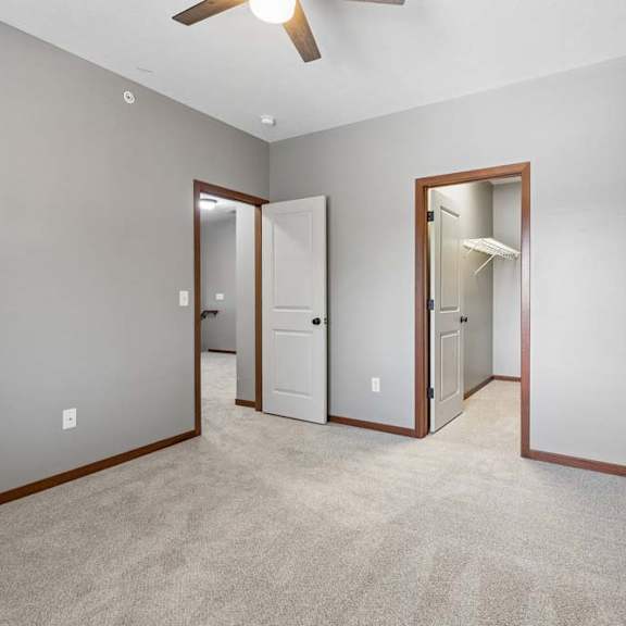 Thumbnail 9 of 16 Empty apartment bedroom with neutral carpet, gray walls, ceiling fan, wood trim, and an open walk-in closet with wire shelving.