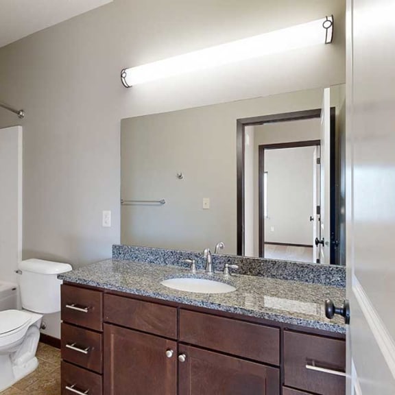 Thumbnail 20 of 22 a bathroom with a granite vanity sink, overhead lighting, and a mirror