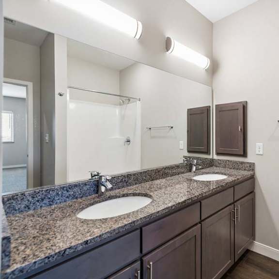 Thumbnail 41 of 44 Apartment bathroom with a double-sink vanity, dark cabinetry, granite-look countertops, a large mirror, and modern lighting with towel bars along the wall.