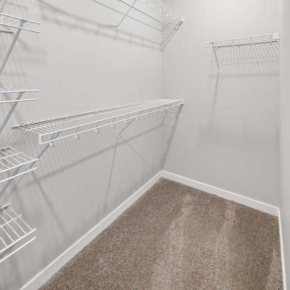 Thumbnail 37 of 44 Walk-in apartment closet with built-in wire shelving, carpeted flooring, recessed lighting, and ample hanging space for organized storage.