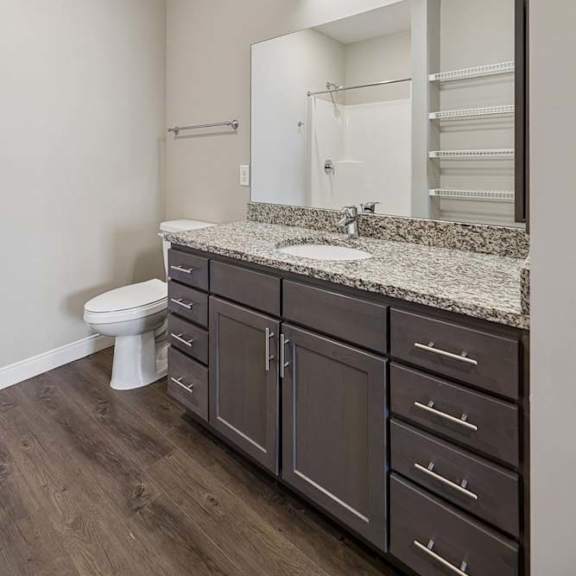 Thumbnail 31 of 36 Apartment bathroom with a granite-look single-sink vanity, dark cabinetry, a large mirror with overhead lighting, and wood-style flooring.