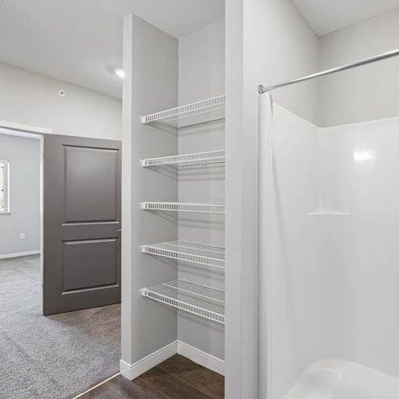 Thumbnail 33 of 36 A white bathroom with a walk-in shower and a pantry.