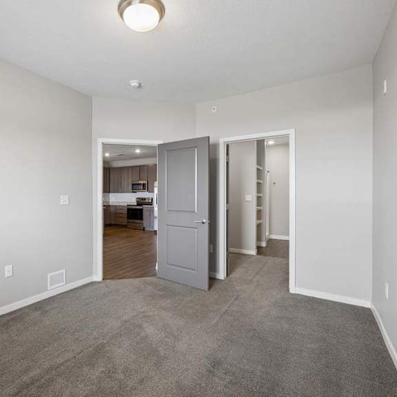Thumbnail 28 of 36 Spacious apartment bedroom with carpeted flooring, neutral walls, and an open layout featuring a walk-in closet and hallway access through gray interior doors.
