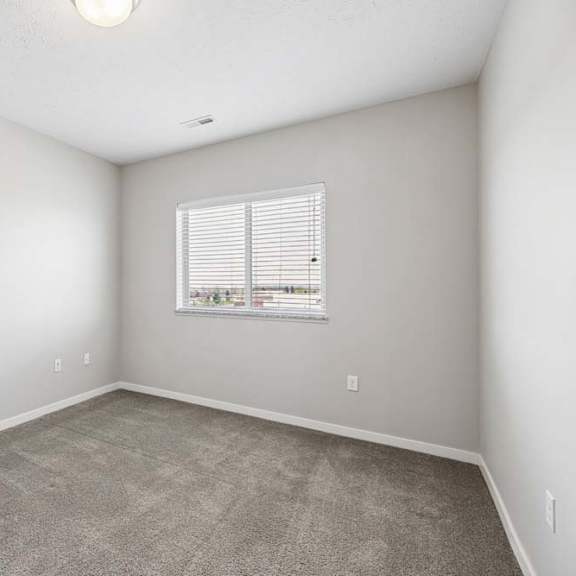 Thumbnail 29 of 36 Bright apartment bedroom with carpeted flooring, neutral walls, and a window with blinds providing natural light.