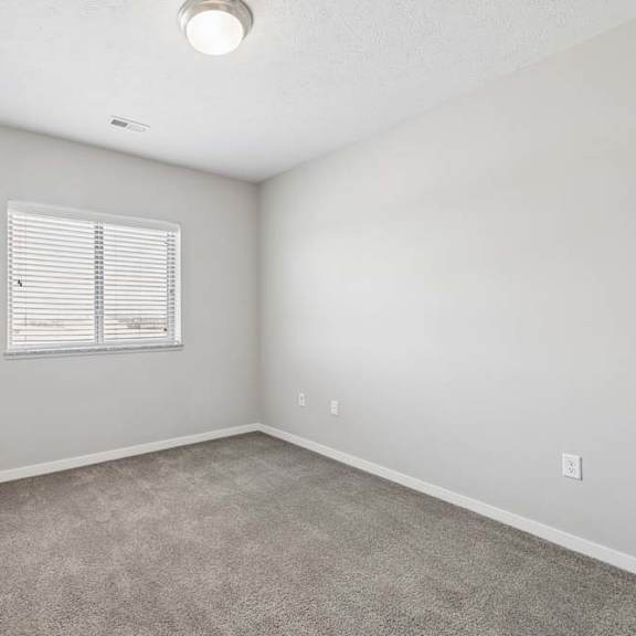 Thumbnail 30 of 36 Bright apartment bedroom with carpeted flooring, neutral walls, and a window with blinds that provides natural light.
