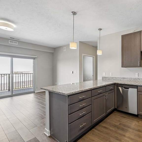 Thumbnail 20 of 36 Open-concept apartment kitchen with dark cabinetry, granite-look countertops, a peninsula breakfast bar, stainless steel appliances, and wood-style flooring flowing into the living area.