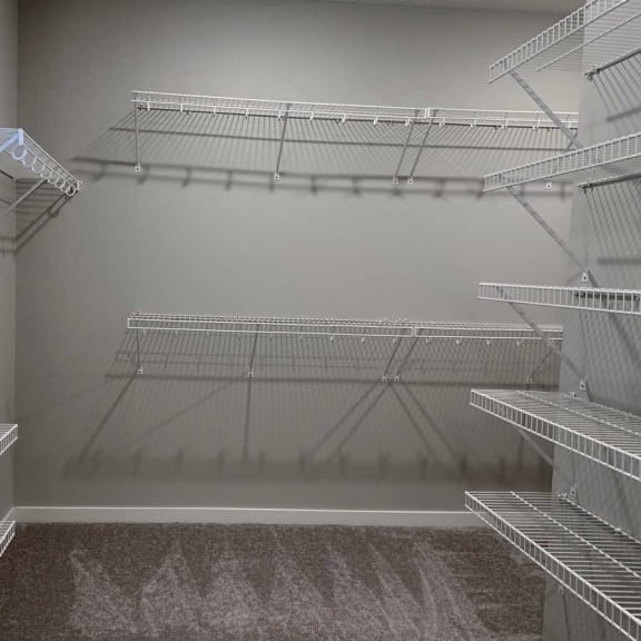 Thumbnail 11 of 13 the walk in closet of a home with empty shelves