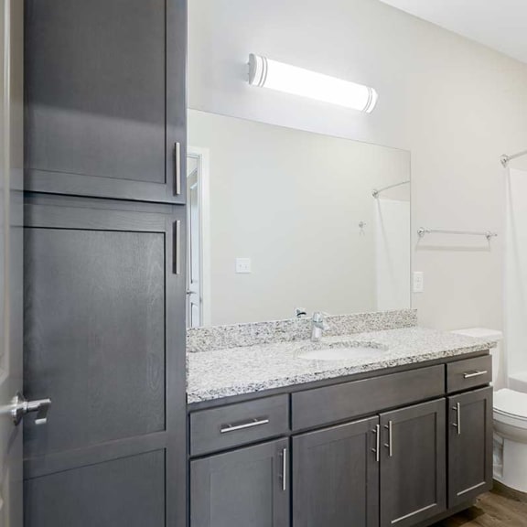 Thumbnail 17 of 19 a bathroom with a granite countertop sink and a toilet, a tall storage cabinet, and a tub shower