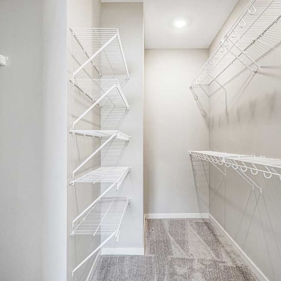 Thumbnail 15 of 19 a walk in closet with built-in wire shelves and hanging space