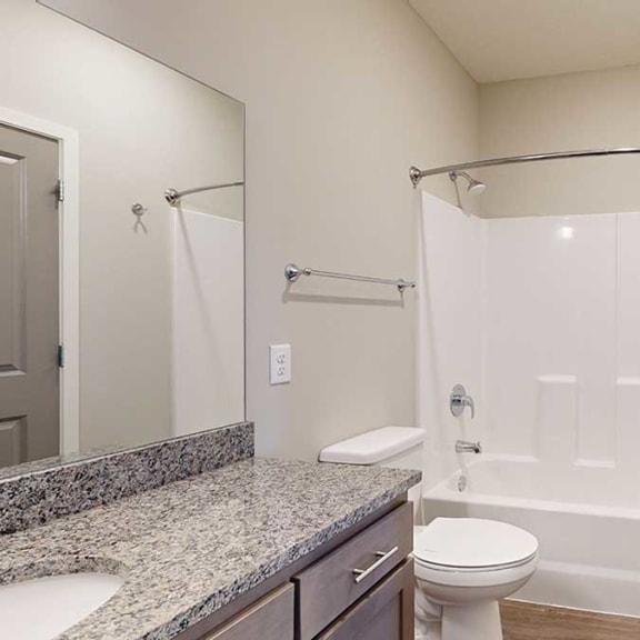 Thumbnail 28 of 29 a bathroom with a tub shower and a granite counter top vanity sink
