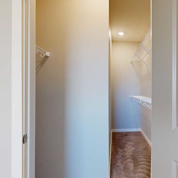 Thumbnail 25 of 29 a long walk-in closet with built-in shelving for extra storage space