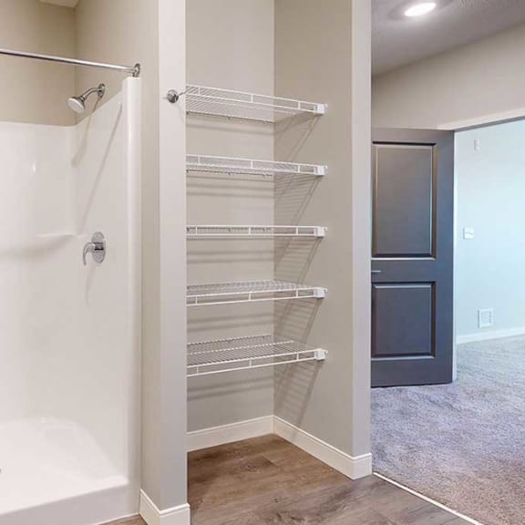 Thumbnail 20 of 29 a bathroom with a walk-in shower and built-in shelving