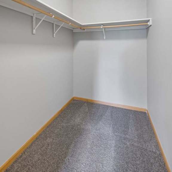 Thumbnail 9 of 13 Spacious walk-in apartment closet with carpeted flooring, wraparound hanging rods, and built-in shelving.