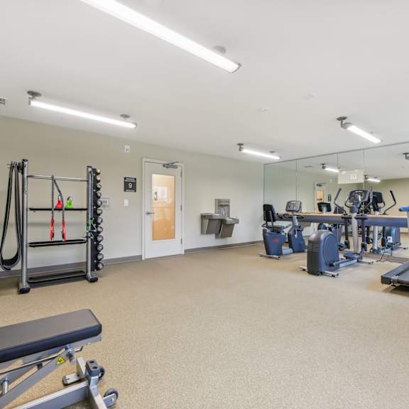 a gym with a variety of equipment including a bench, weights, and a treadmill.