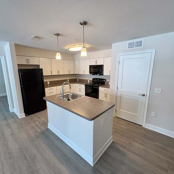a kitchen with a black fridge and a white door.