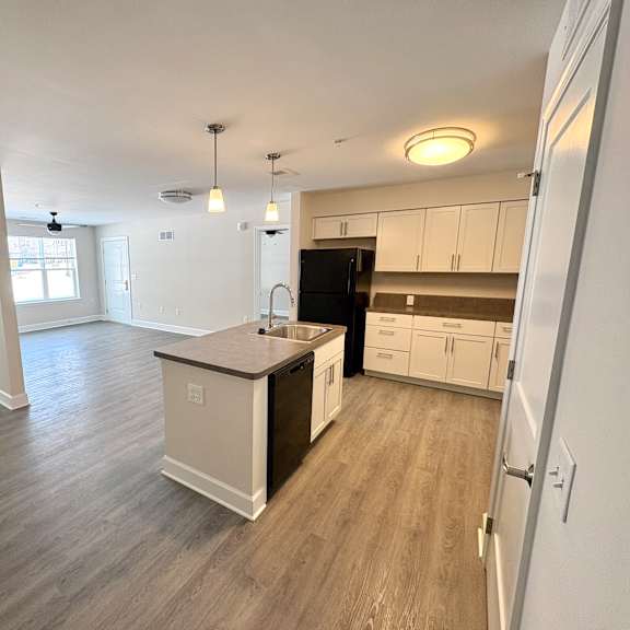 a kitchen with a black fridge and white cabinets.