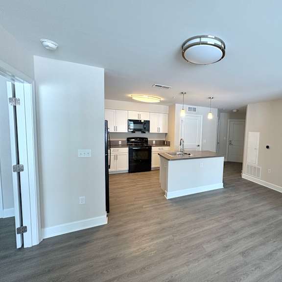 a kitchen with white cabinets and a black dishwasher.