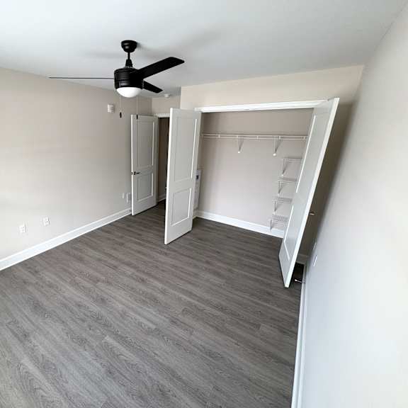 a room with a ceiling fan and a walk-in closet.