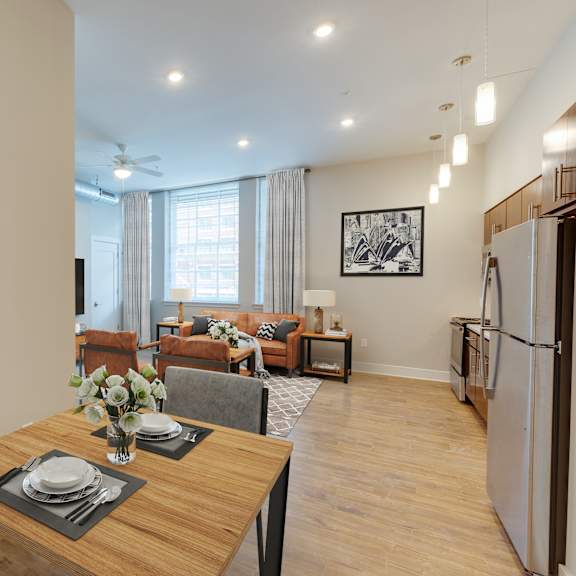decorated dining kitchen living area and bedroom