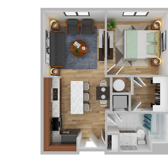Thumbnail 3 of 4 Now leasing senior 1-bedrooms in Baltimore, MD. A top-down view of a modern apartment layout with a kitchen, living room, dining area, and bathroom.