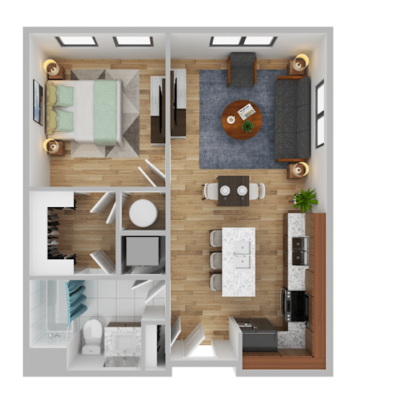 Thumbnail 4 of 4 Now leasing senior 1-bedrooms in Baltimore, MD. A top-down view of a modern apartment layout with a kitchen, living room, dining area, and bathroom.