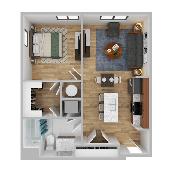 Thumbnail 2 of 4 Now leasing senior 1-bedrooms in Baltimore, MD. A top-down view of a modern apartment layout with a kitchen, living room, and bedrooms.