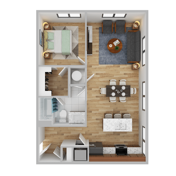 Thumbnail 1 of 4 Now leasing senior 1-bedrooms in Baltimore, MD. A top-down view of a small apartment with a kitchen, living room, and bathroom.