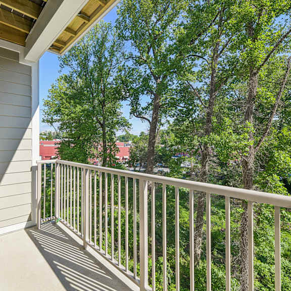 a balcony with a white railing overlooks a green tree.
