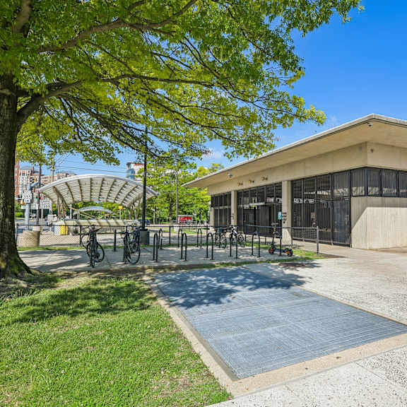 a building with a parking lot in front of it.