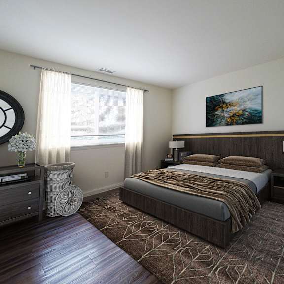 well-lit bedroom with large windows