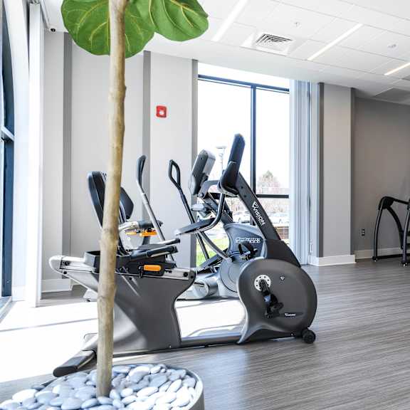 a gym with exercise equipment and a large map on the wall