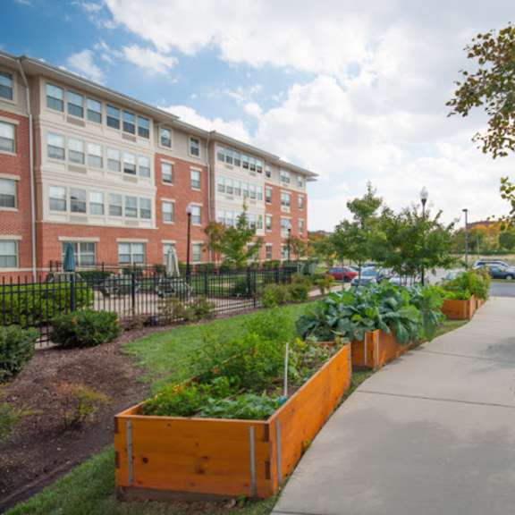 a sidewalk with a garden in front of a building