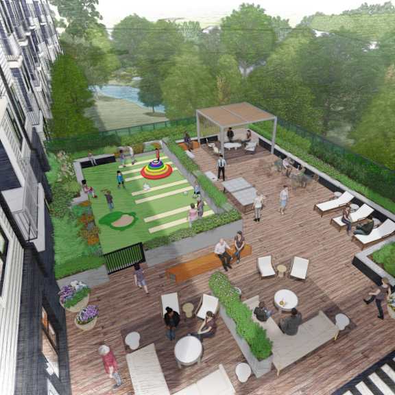 a rendering of a rooftop patio with people sitting and standing around.