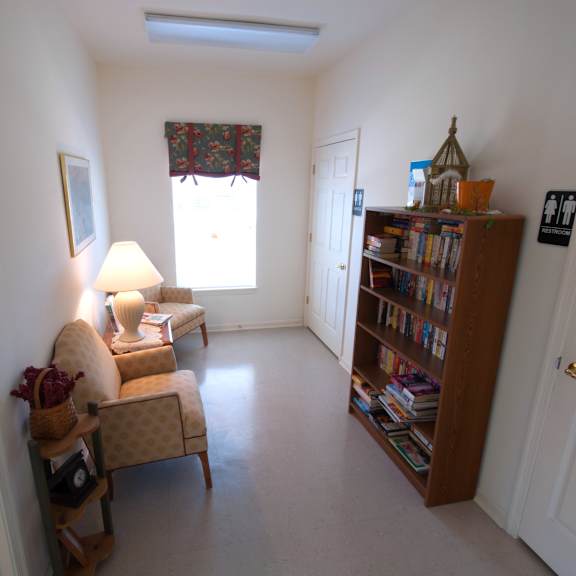 a living room with a sofa, chair, and bookshelf.