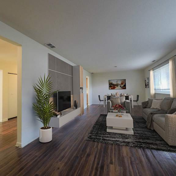 living room with large couch and tv console