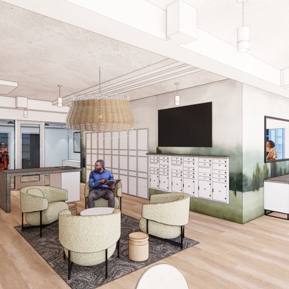 a man is sitting on a chair in a room with a large window.