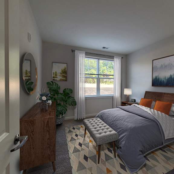 a bedroom with a bed and a dresser and a window