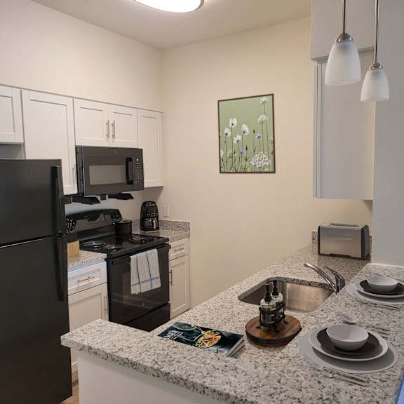 a kitchen with a granite counter top and a black refrigerator