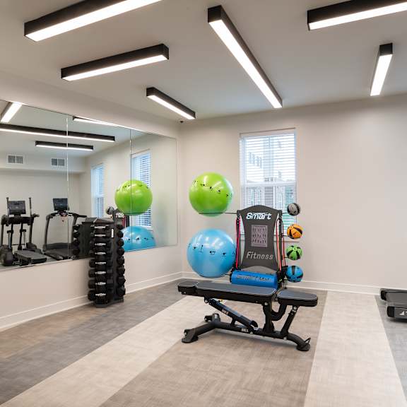 a gym with exercise equipment and mirrors at the preserve at greatstone