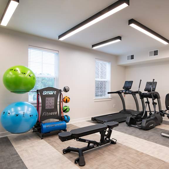 a gym with cardio equipment and weights at the preserve apartments