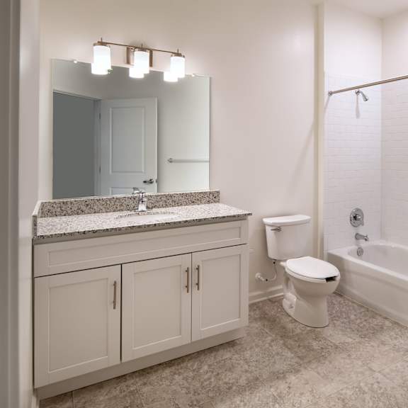 a bathroom with a shower toilet and sink and a mirror