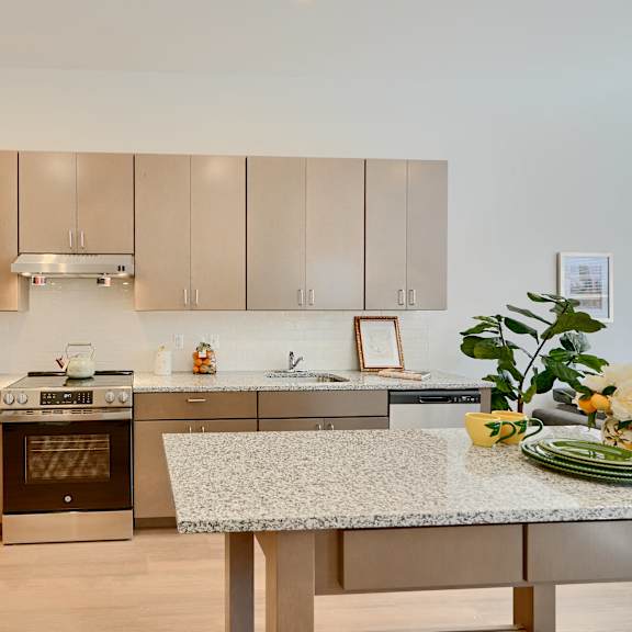 now leasing senior 1-bedrooms in baltimore, md. a modern kitchen with a stainless steel refrigerator and a granite countertop.